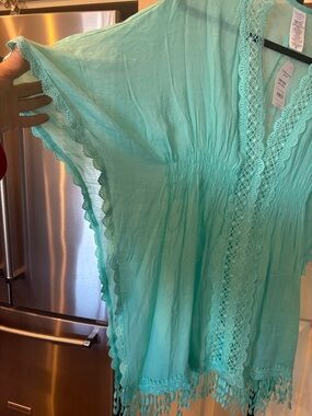 Time and Tru Aqua Crochet-Trim Kimono Cover-Up